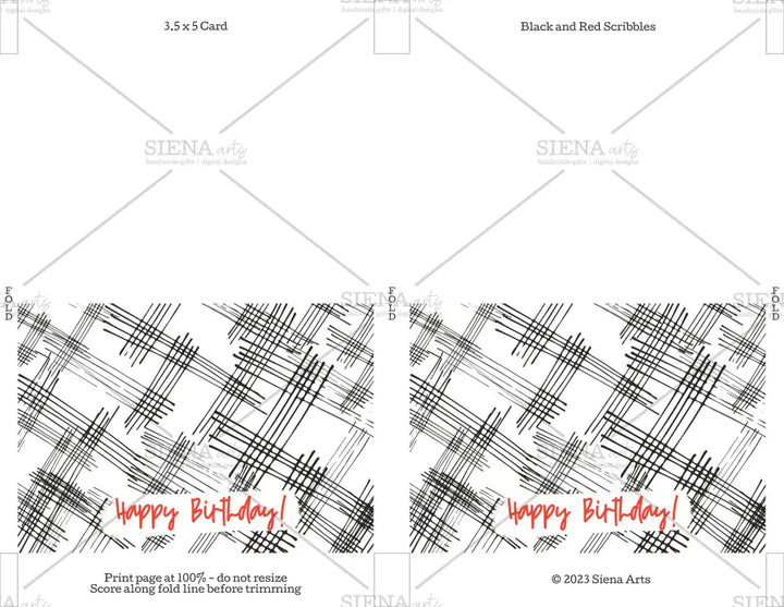 Instant Download Birthday Card Black And Red Scribbles