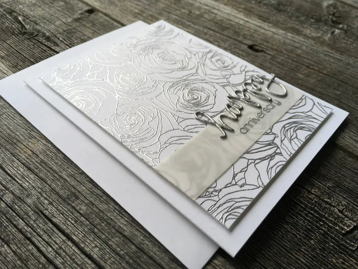 Handmade Anniversary Card Silver Embossed