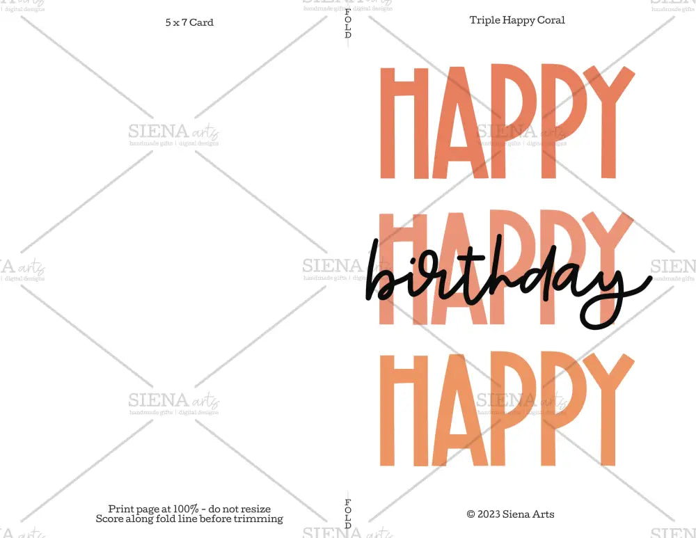 Instant Download Birthday Card Triple Happy Coral