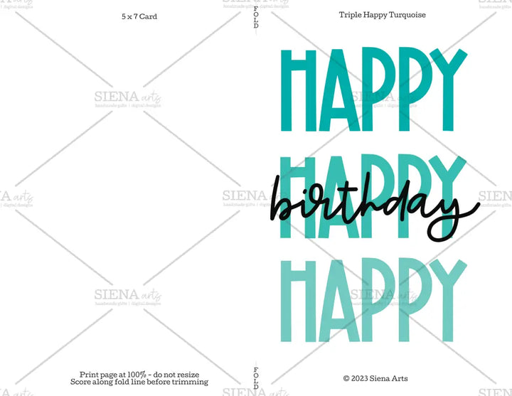 Instant Download Birthday Card Triple Happy Turquoise