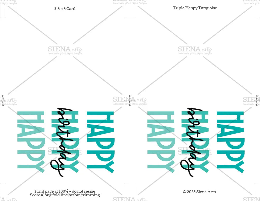 Instant Download Birthday Card Triple Happy Turquoise