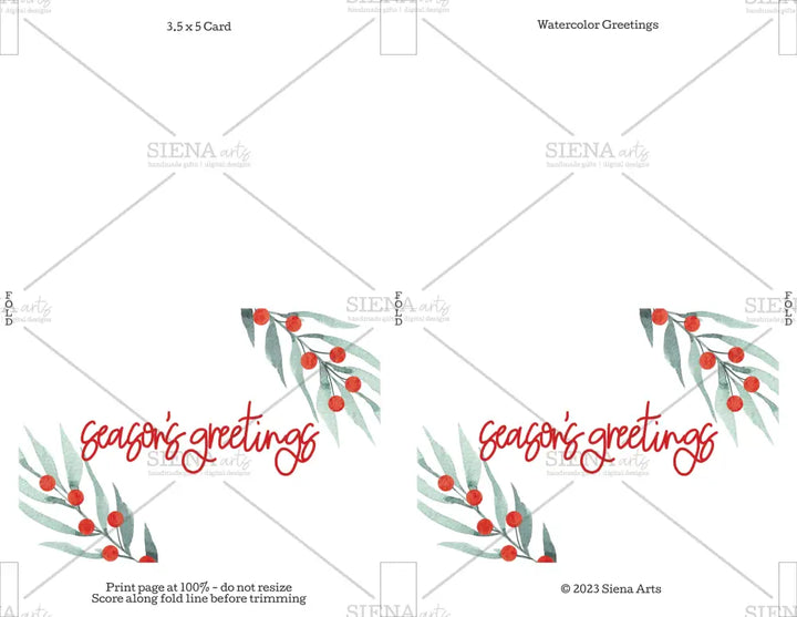 Instant Download Christmas Card Watercolor Greetings