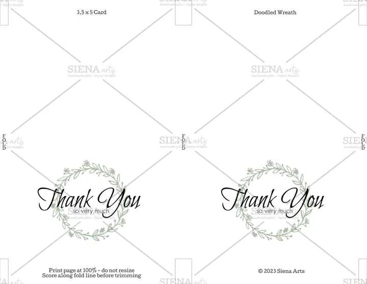 Instant Download Thank You Card Doodled Wreath