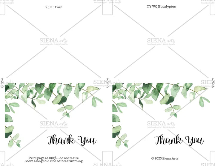 Instant Download Thank You Card Watercolor Eucalyptus