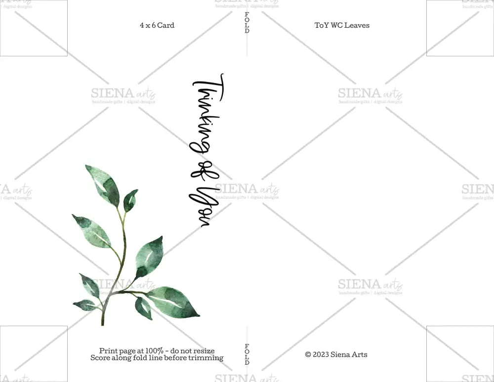 Instant Download Thinking Of You Card Watercolor Leaves
