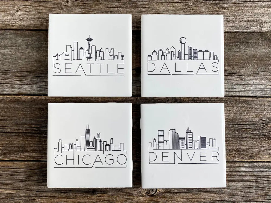 Mix And Match Set Of Four Engraved Us City Skyline Ceramic Coasters