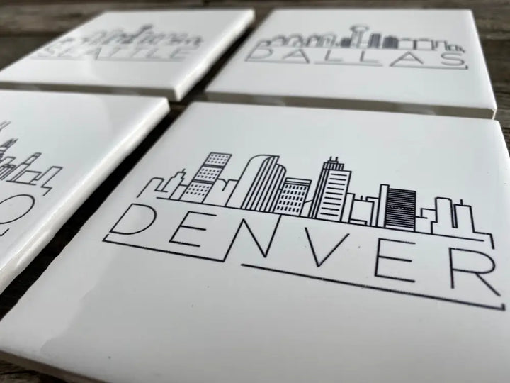 Mix And Match Set Of Four Engraved Us City Skyline Ceramic Coasters