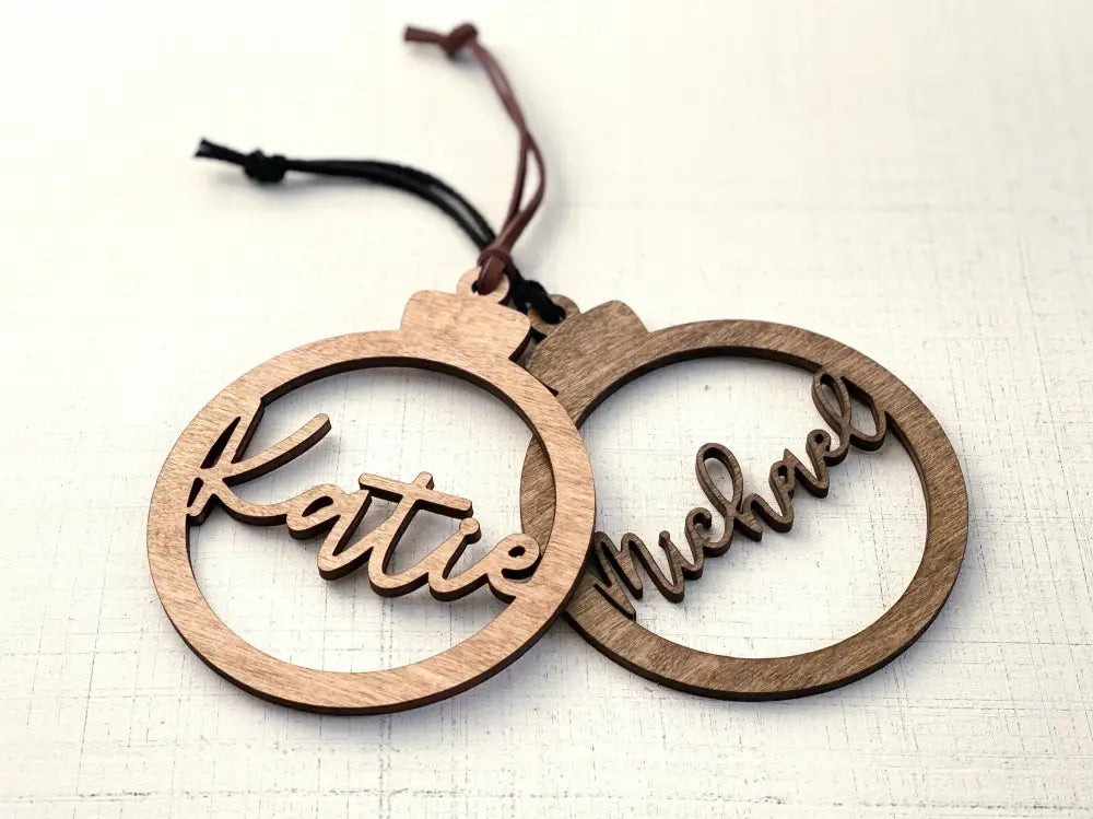 Personalized Wood And Leather Scripty Name Ornament