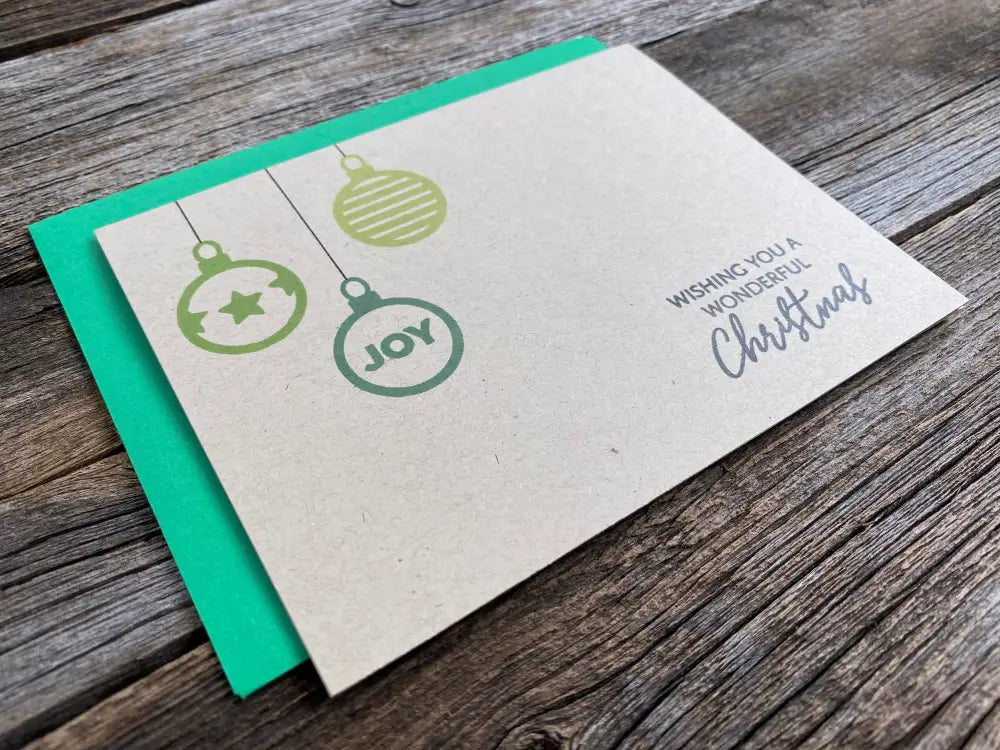 Set Of 5 Handmade Holiday Cards Minimalist Ornaments Green